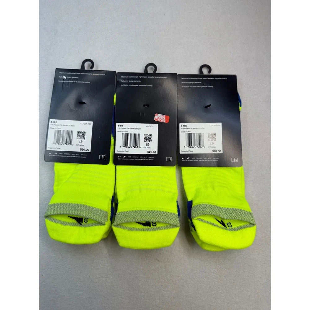 3 Nike Spark Running Cushioned No Show Socks Volt yellow Blue M 8-9.5 W 9.5-11